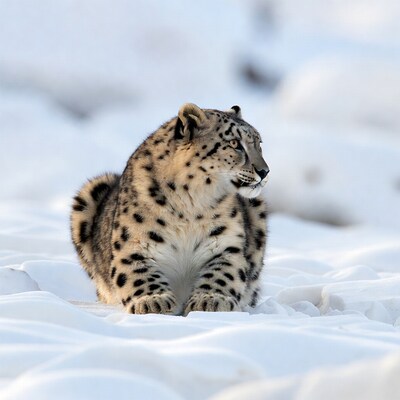 Snow Leopard Sitting in Snow