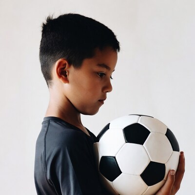 Asian boy holding soccer ball