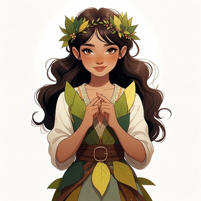Asian woman in leaf crown dress