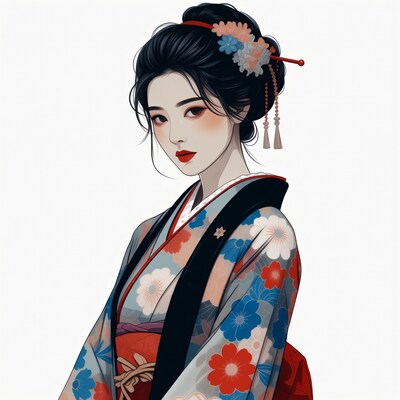 Asian woman in floral kimono