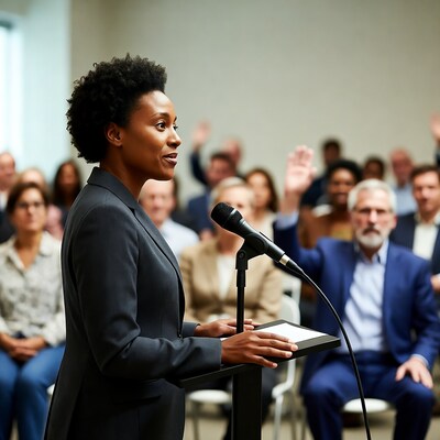 African-American woman speaking at podium