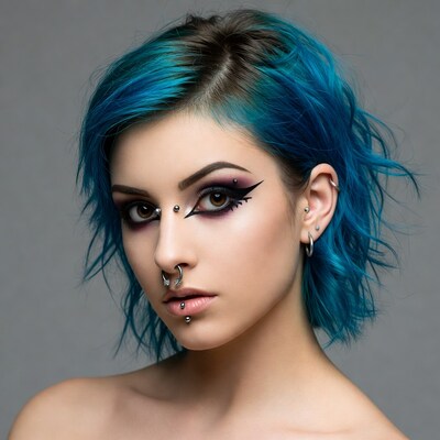 Woman with teal hair and facial piercings