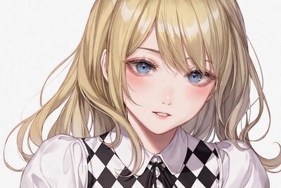 Blonde anime girl in checkered uniform