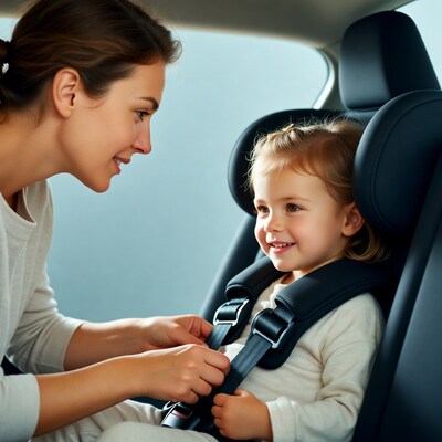 Mother buckling toddler in car seat