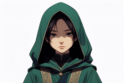Anime girl in green hooded robe