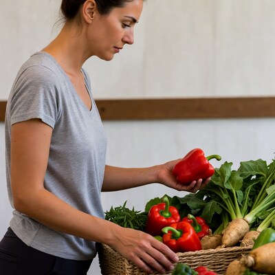 Woman holding red bell pepper