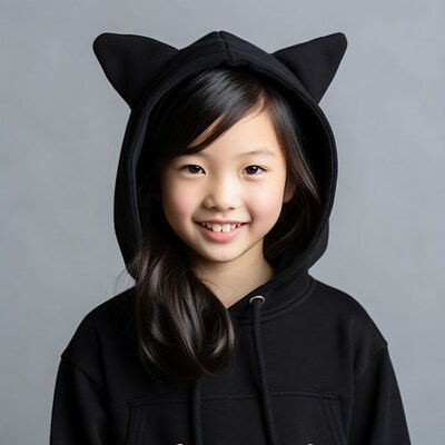 Asian girl in black cat ear hoodie