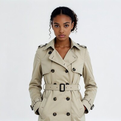 African-American woman in beige trench coat