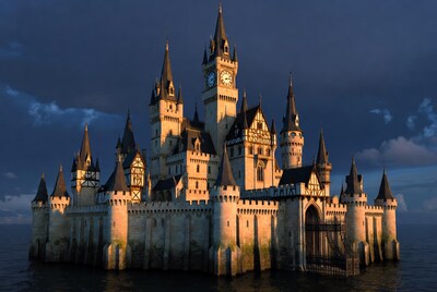 Medieval Castle on Island in Ocean