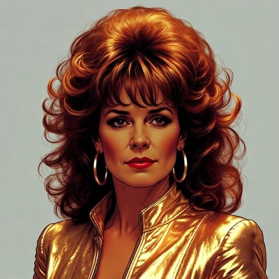 Woman with big red hair and gold jacket