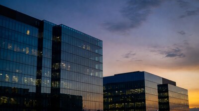 Glass Office Buildings at Sunset