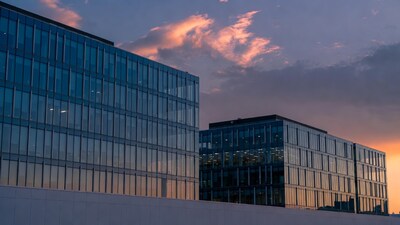 Glass Office Buildings at Sunset