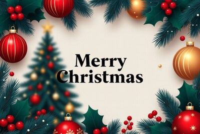 Merry Christmas with ornaments and holly