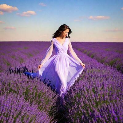 Woman in lavender dress in field