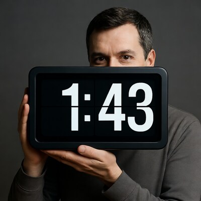Man holding 1:43 flip clock
