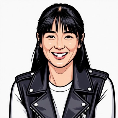 Smiling Asian woman in leather vest
