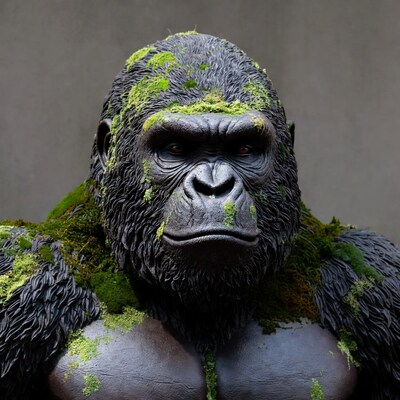 Moss-covered gorilla statue closeup