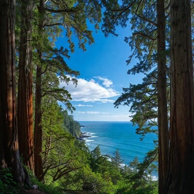 Redwoods Framing Ocean Cliff View