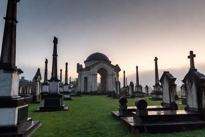 Cemetery with domed mausoleum and crosses