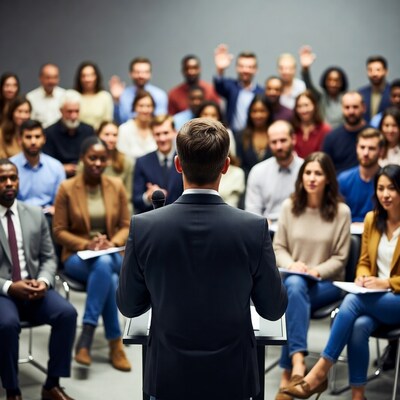 Man speaking at podium to diverse audience