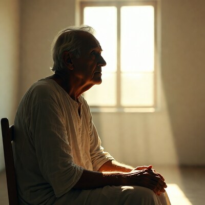 Elderly man silhouetted by window light