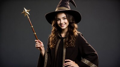 Young woman in witch costume holding wand