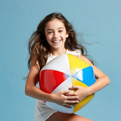 Girl holding colorful beach ball
