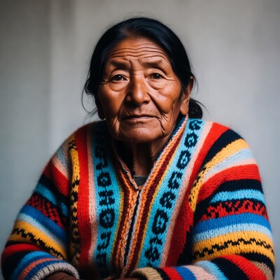 Elderly Indigenous woman in colorful knitted sweater