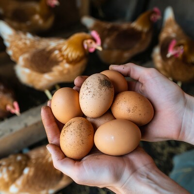 Hands holding fresh chicken eggs