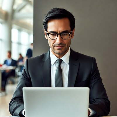 Man in suit working on laptop