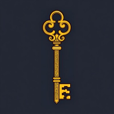 Golden ornate key with E