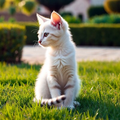 White kitten sitting on grass