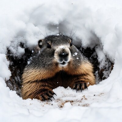 Groundhog emerging from snow burrow