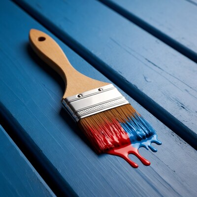 Paintbrush with red blue paint on blue wood