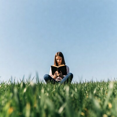 Girl reading book in grass