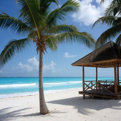 Palm Tree and Beach Gazebo by Turquoise Ocean