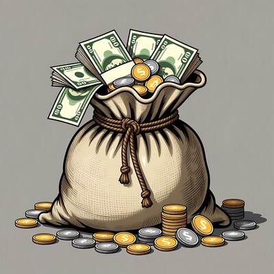 Money Bag Overflowing with Cash and Coins