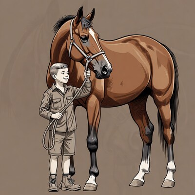 Boy holding brown horse lead