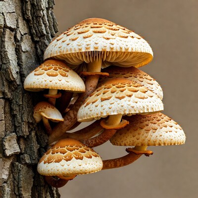 Cluster of Mushrooms on Tree Trunk