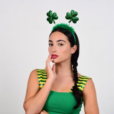 Woman in green shamrock headband