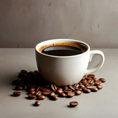 White coffee mug with scattered beans