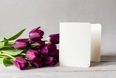 Purple Tulips with Blank Greeting Card