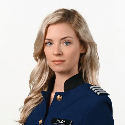 Blonde woman pilot in uniform