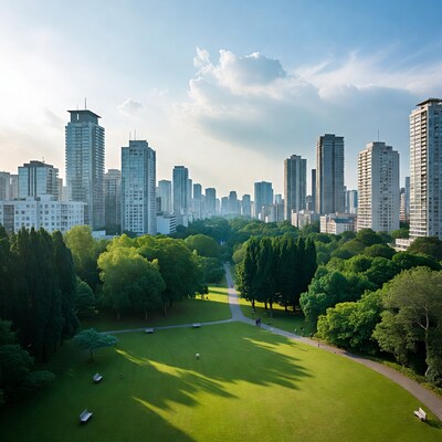 Aerial View of City Park with Skyscrapers