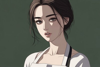 Asian woman in white apron illustration
