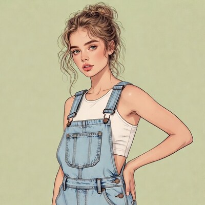 Woman in blue overalls with messy bun