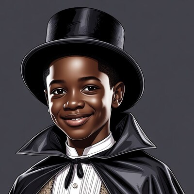 African-American boy in top hat and cape