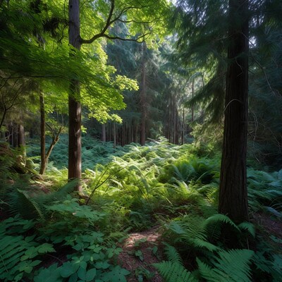 Sunlit Fern Forest with Tall Trees