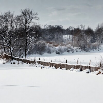 Snowy Fence by Frozen Pond