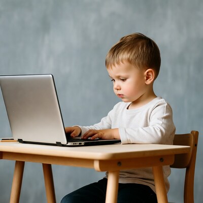 Boy typing on laptop at desk